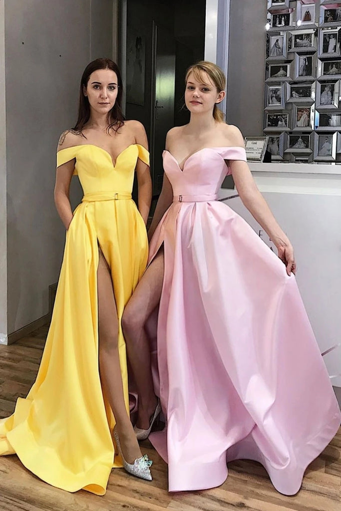Simple Off Shoulder Satin Long Yellow Pink Prom Dress with High Slit, Off the Shoulder Pink Yellow Formal Graduation Evening Dress