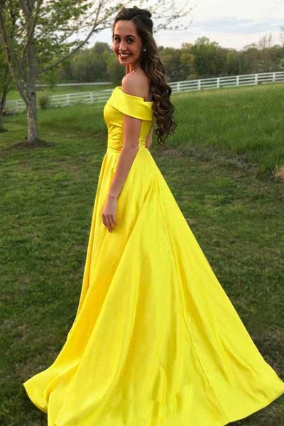 Simple Off the Shoulder Yellow Satin Long Prom Dress with Pockets, Off Shoulder Yellow Formal Dress, Yellow Evening Dress