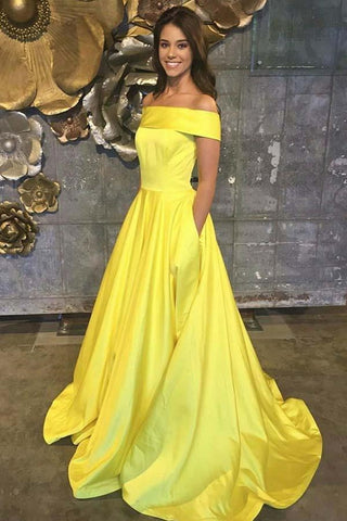 Simple Off the Shoulder Yellow Satin Long Prom Dress with Pockets, Off Shoulder Yellow Formal Dress, Yellow Evening Dress