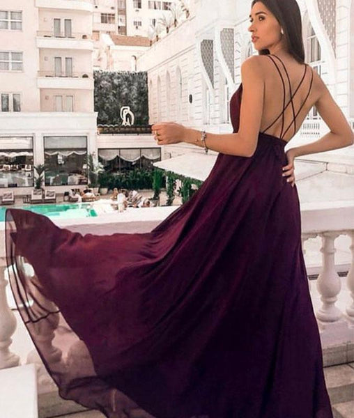 Simple Purple Backless Chiffon Long Prom Dress with High Slit, Purple Backless Formal Graduation Evening Dress