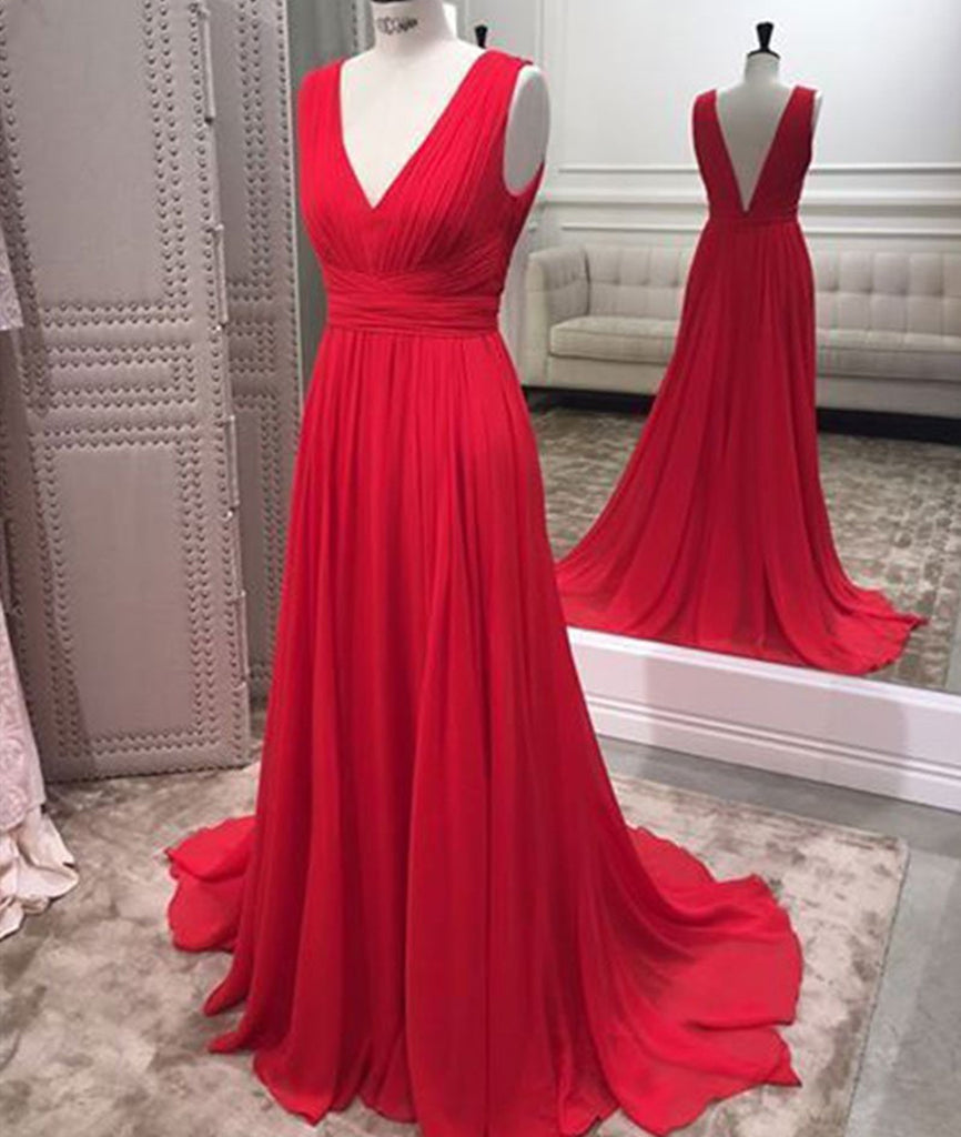 Simple Red V Neck and V Back Chiffon Long Prom Dress, V Neck Red Long Evening Dress, Red Formal Dress, Graduation Dress