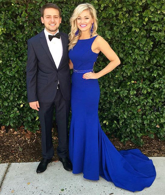 Simple Round Neck Train Blue Prom Dresses, Blue Formal Dresses abcprom Simple Round Neck Train Blue Prom Dresses, Blue Formal Dresses abcprom