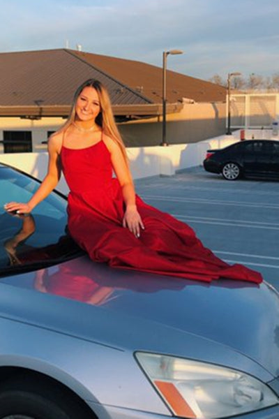 Simple Satin Backless Long Red Prom Dress, Backless Red Formal Graduation Evening Dress