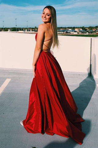 Simple Satin Backless Long Red Prom Dress, Backless Red Formal Graduation Evening Dress