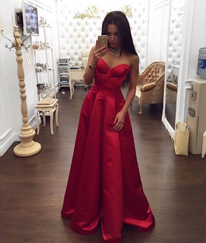 Simple Sweetheart Neck Long Red Prom Dresses, Red Evening Dresses