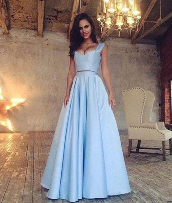 Simple Two Pieces Long Blue Prom Dresses, Formal Dresses