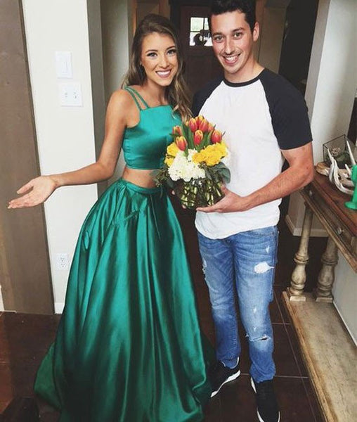 Simple Two Pieces Off-Shoulder Long Green Prom Dresses, Green Evening Dresses