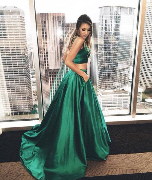 Simple Two Pieces Off-Shoulder Long Green Prom Dresses, Green Evening Dresses