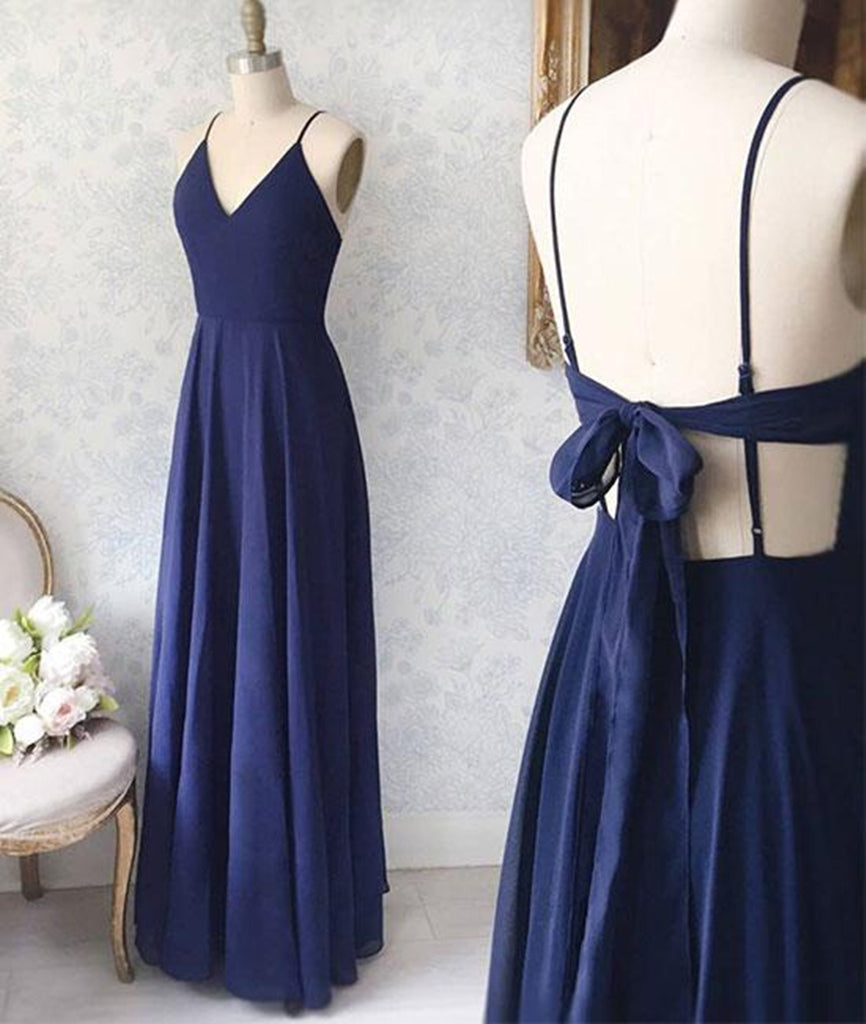 Simple V Neck Backless Blue Long Prom Dresses, V Neck Blue Formal Evening Dresses, Blue Graduation Dresses