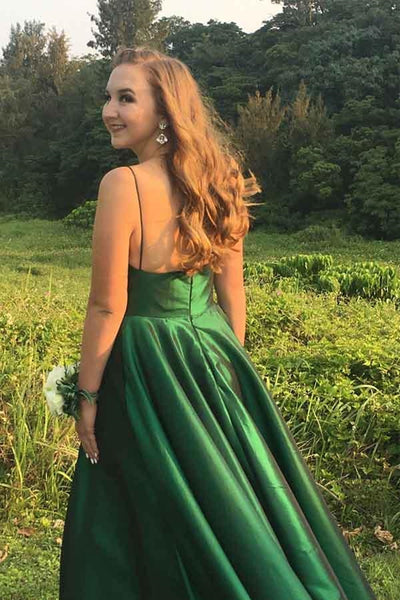 Simple V Neck Backless Emerald Green Satin Long Prom Dress, Backless Emerald Green Formal Graduation Evening Dress