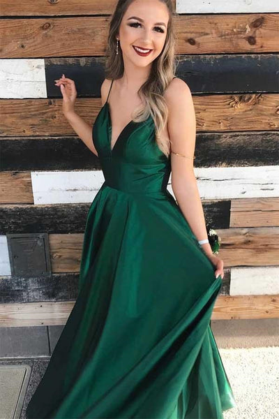 Simple V Neck Backless Emerald Green Satin Long Prom Dress, Backless Emerald Green Formal Graduation Evening Dress