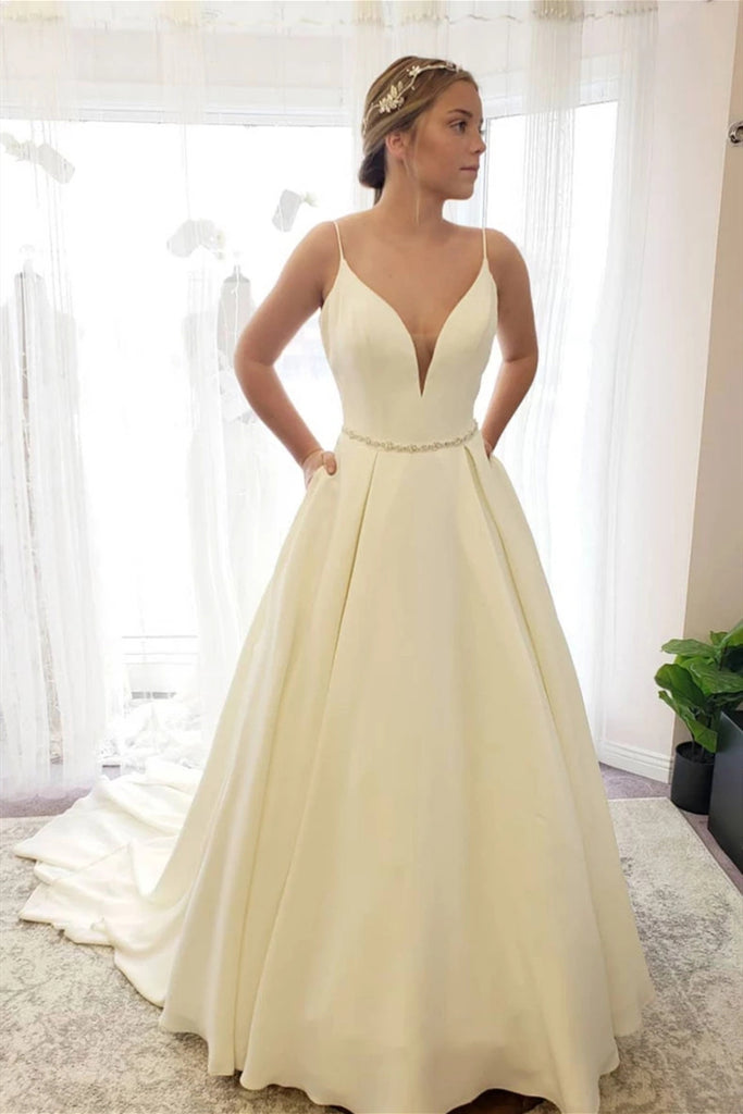 Simple V Neck Backless Ivory Wedding Dress with Train, V Neck Backless Ivory Long Prom Dress, Backless Ivory Formal Evening Dress