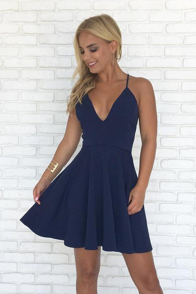 Simple V Neck Backless Navy Blue Short Prom Dresses Navy Blue Backless Homecoming Dresses Cute Formal Dresses Evening Dresses