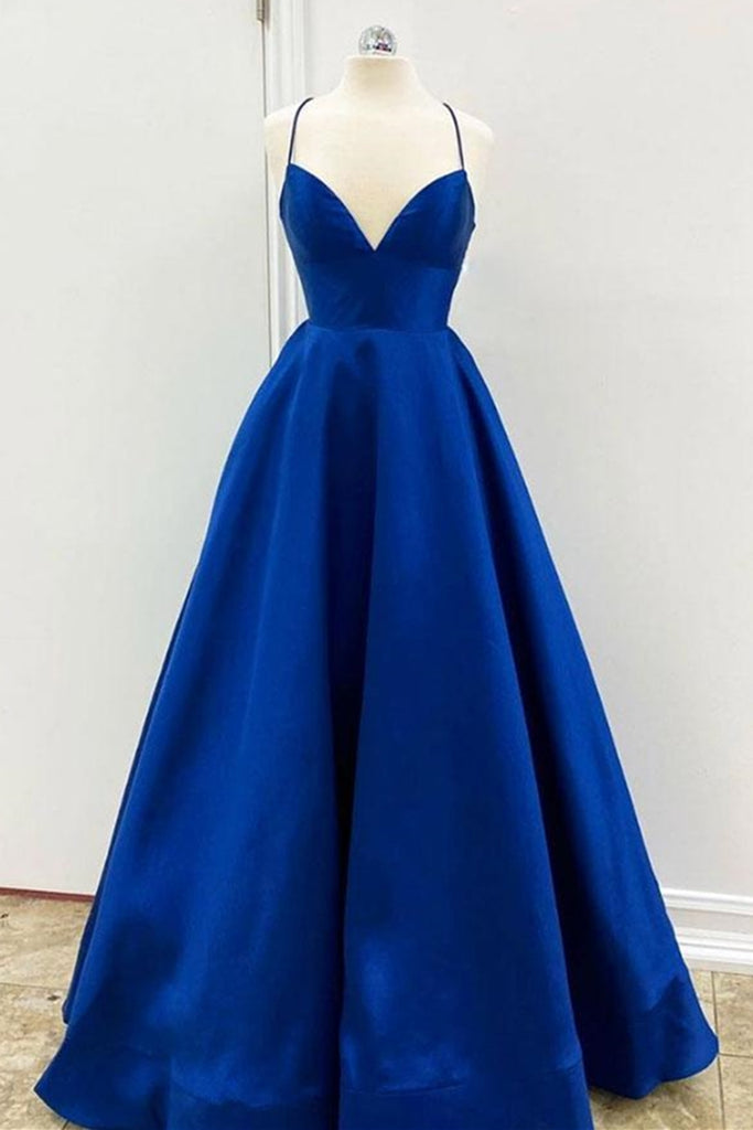 Royal Blue Sleek Satin Spaghetti Straps Sexy Slit Dress - Lunss