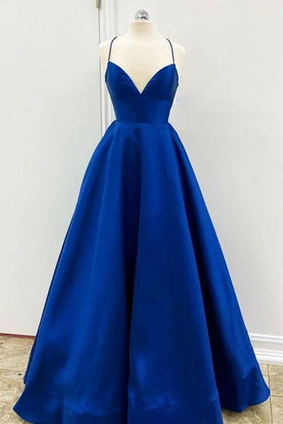 Simple V Neck Backless Royal Blue Satin Long Prom Dress, Royal Blue Backless Formal Dress, Royal Blue Evening Dress, Ball Gown