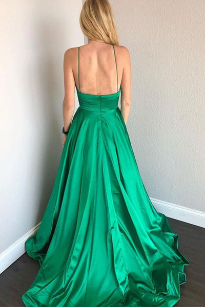 Simple V Neck Backless Satin Green Long Prom Dresses, Backless Green Formal Dresses, Green Evening Dresses