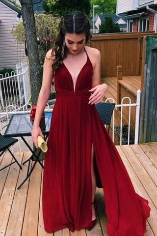 Simple V Neck Burgundy Chiffon Long Prom Dress with Slit, V Neck Burgundy Formal Graduation Evening Dress