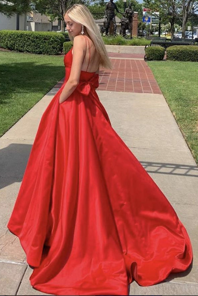 Simple V Neck Long Backless Red Prom Dress, Backless Red Formal Gradua