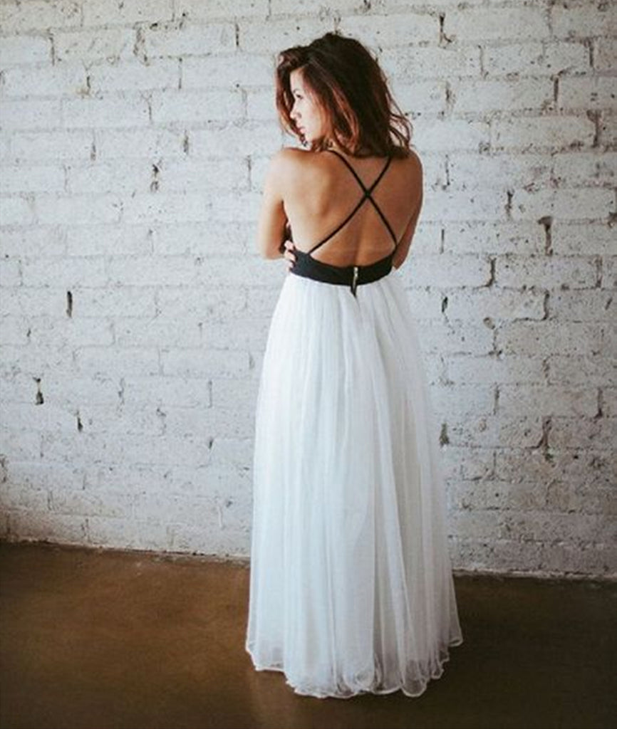 Simple V Neck White Chiffon Backless Black Top Long Prom Dresses, V Ne abcprom Simple V Neck White Chiffon Backless Black Top Long Prom Dresses, V Ne abcprom
