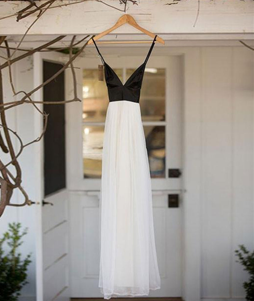 Simple V Neck White Chiffon Backless Black Top Long Prom Dresses, V Neck Long Evening Dresses, Formal Dresses