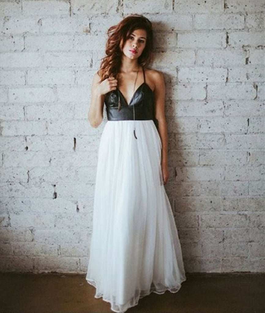 Simple V Neck White Chiffon Backless Black Top Long Prom Dresses, V Ne –  abcprom
