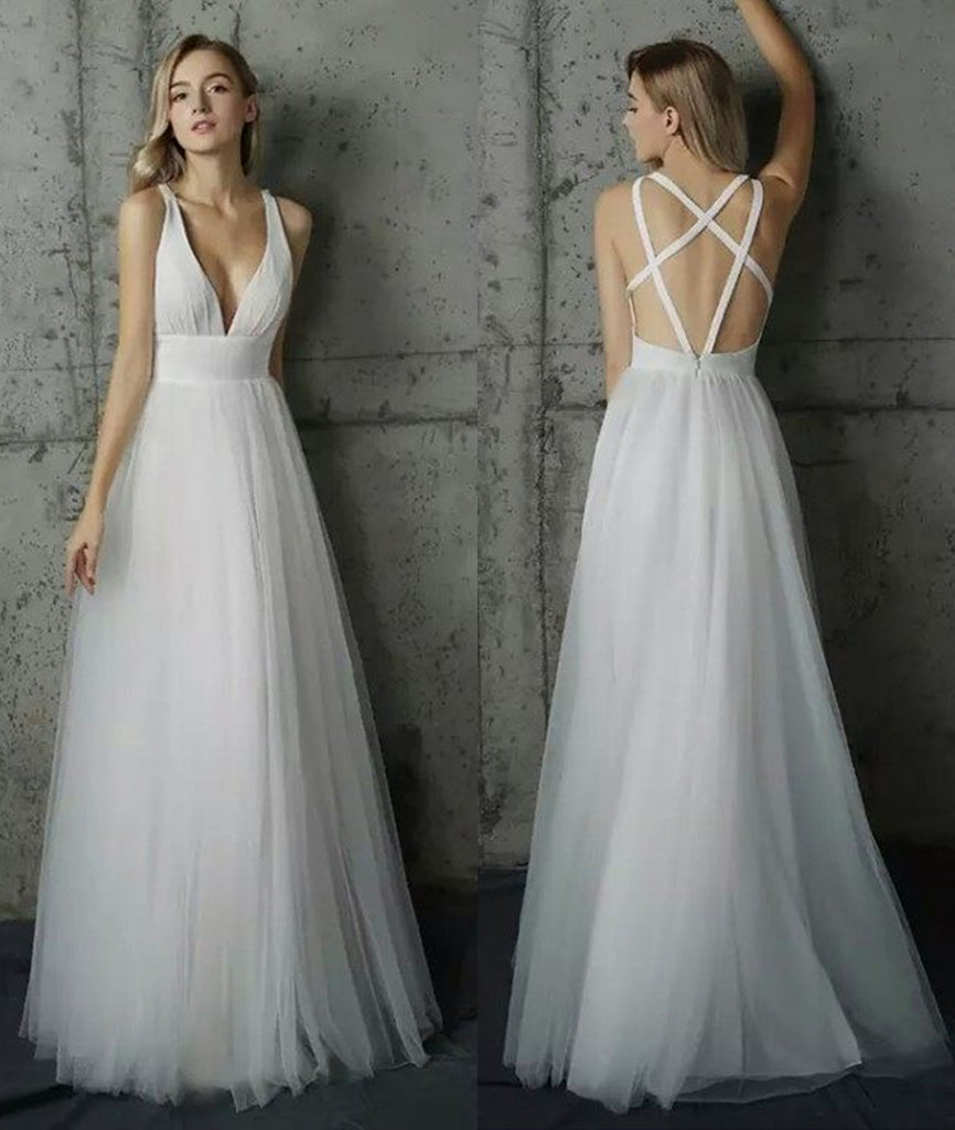 Simple V Neck White Long Prom Dresses, V Neck White Formal Dresses Evening Dresses, V Neck White Graduation Dresses