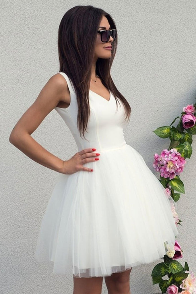 Simple V Neck White Short Prom Dress, V Neck White Homecoming Dress, White Graduation Formal Evening Dress
