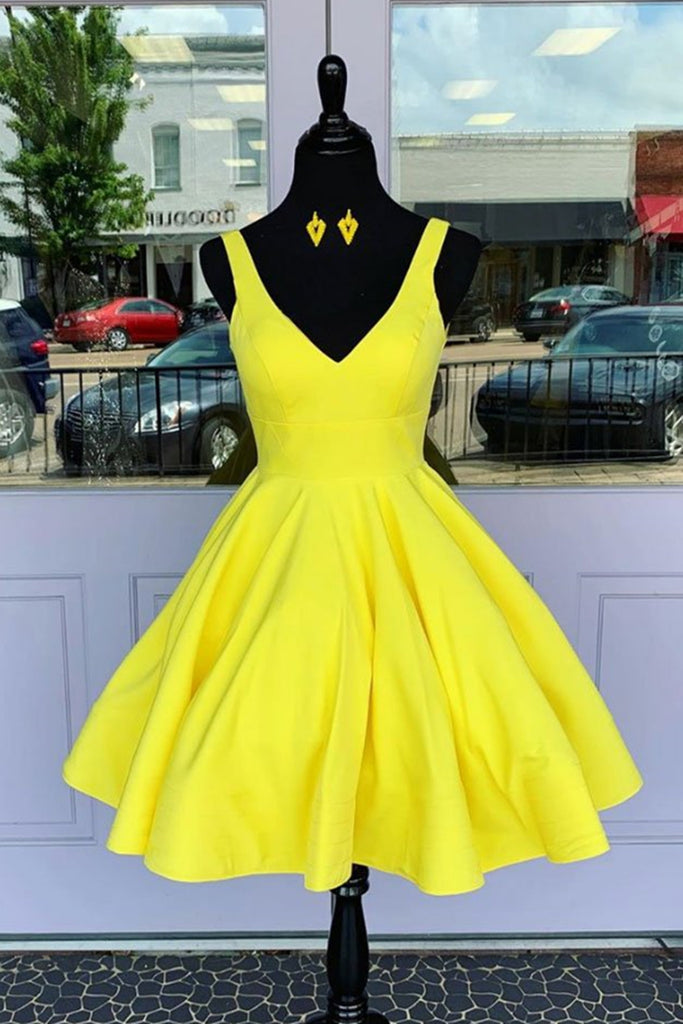 Simple V Neck Yellow Short Prom Dress, V Neck Yellow Homecoming Dress, abcprom Simple V Neck Yellow Short Prom Dress, V Neck Yellow Homecoming Dress, abcprom