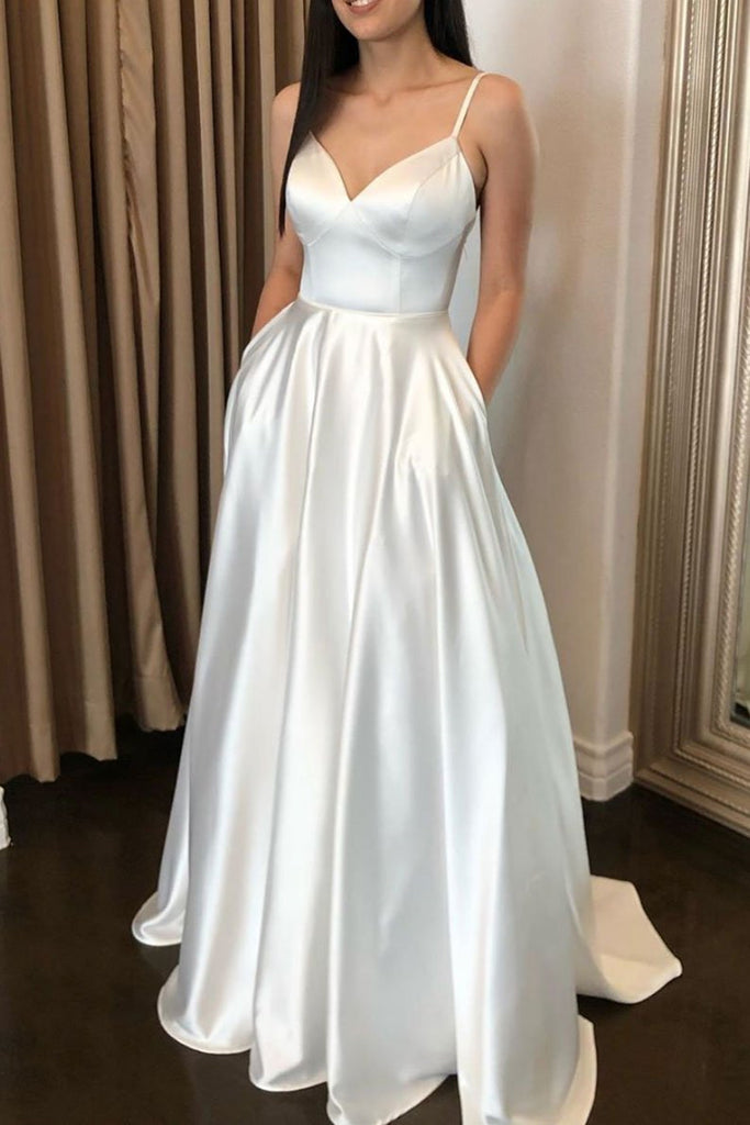 open lace back dress A Line Satin White Long Prom Dresses with Ruffles, White / 2 open lace back dress A Line Satin White Long Prom Dresses with Ruffles, White / 2