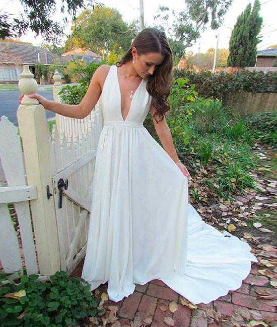 Simple White V Neck Long Prom Dress with Train, V Neck White Formal Dress, White Evening Dress