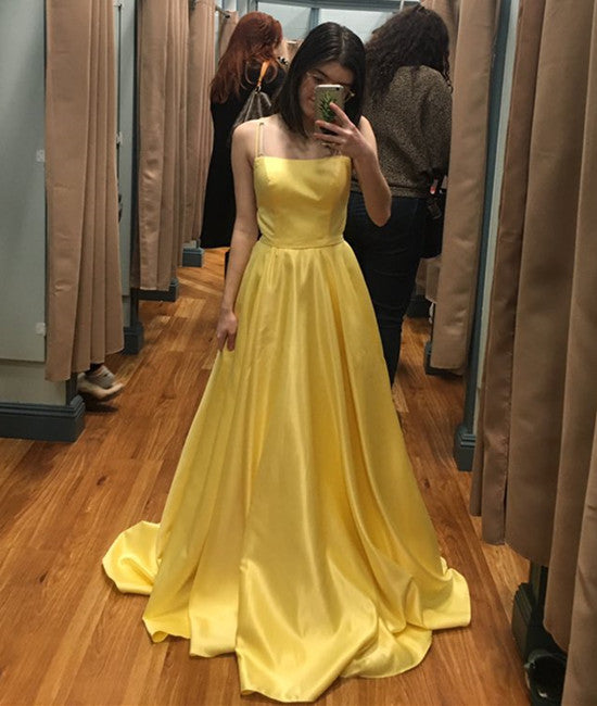 Simple Yellow A Line Spaghetti Straps Satin Long Prom Dress, Yellow Formal Dress, Yellow Graduation Dress