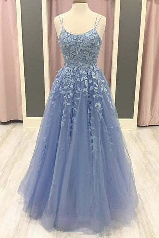 Spaghetti Straps Blue Lace Long Prom Dress, Blue Lace Formal Graduation Evening Dress