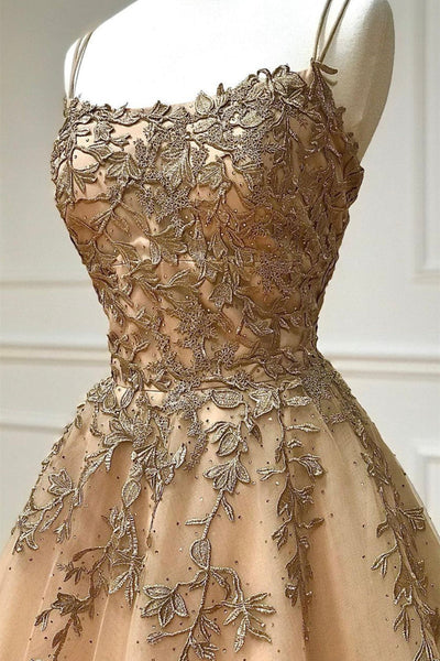 Spaghetti Straps Champagne Lace Tulle Long Prom Dress, Champagne Lace Formal Evening Dress, Champagne Ball Gown A1576