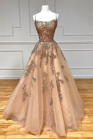 Spaghetti Straps Champagne Lace Tulle Long Prom Dress, Champagne Lace Formal Evening Dress, Champagne Ball Gown A1576