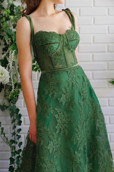 Spaghetti Straps Green Lace Long Prom Dresses, Green Lace Formal Evening Dresses Long A1846