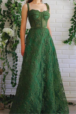 Spaghetti Straps Green Lace Long Prom Dresses, Green Lace Formal Evening Dresses Long A1846