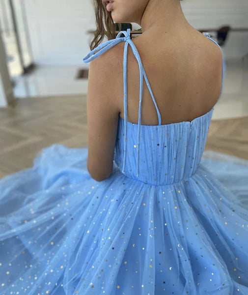 Spaghetti Straps Sequins Blue Tea Length Prom Dress, Blue Tea length Formal Homecoming Dress, Sequins Evening Dress
