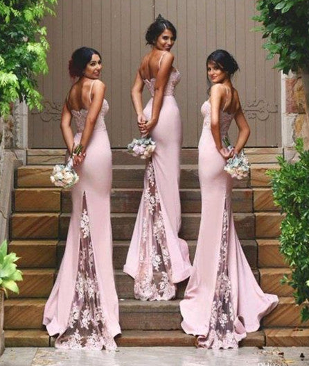 Spaghetti Straps Pink Lace Prom Dresses, Lace Formal Dresses, Pink Bridesmaid Dresses