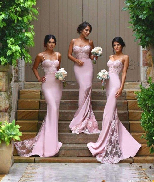 Spaghetti Straps Pink Lace Prom Dresses, Lace Formal Dresses, Pink Bridesmaid Dresses