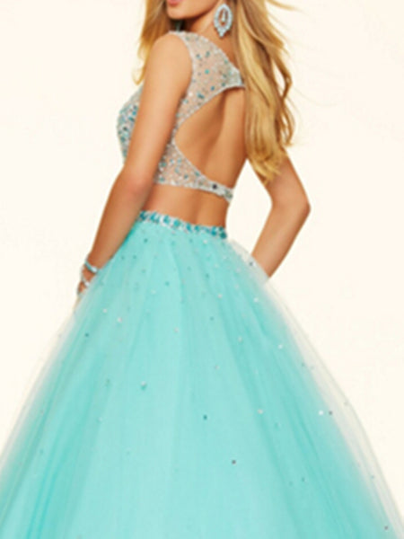 Sparkly A Line Round Neck Two Pieces Beading Mint Green Prom Dresses, Two Pieces Mint Green Formal Dresses Evening Dresses