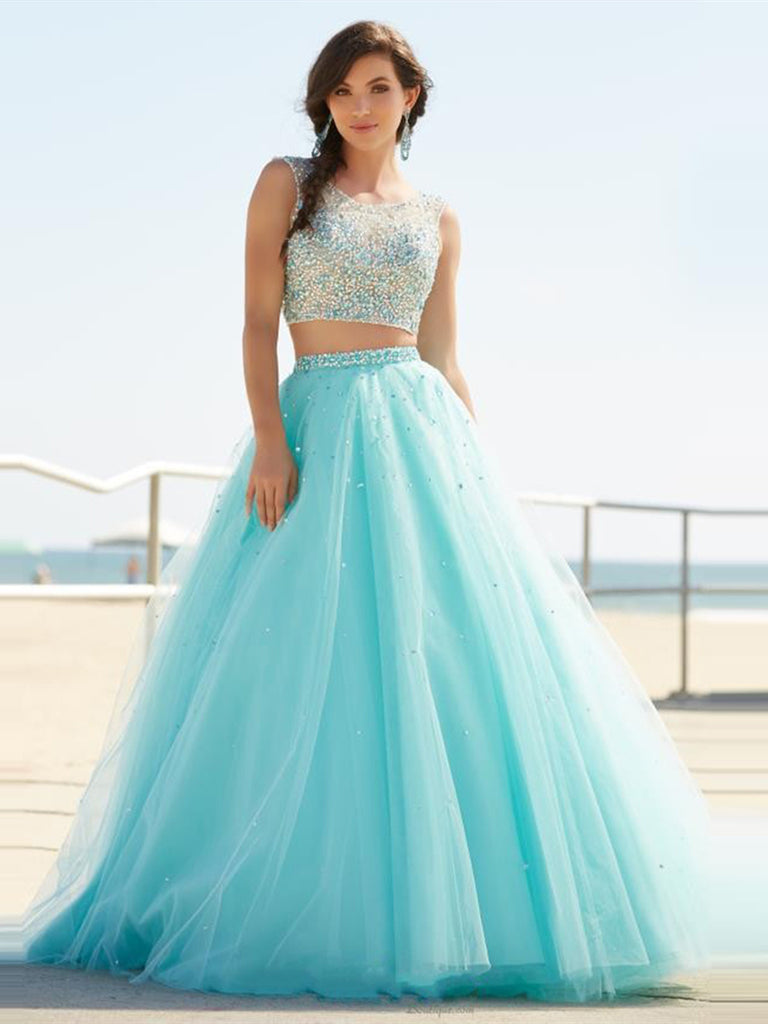 Sparkly A Line Round Neck Two Pieces Beading Mint Green Prom