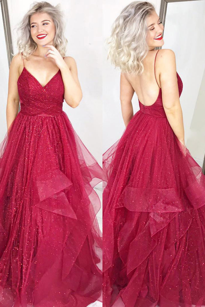 Sparkly A Line V Neck Backless Burgundy Long Prom Dresses, Burgundy Formal Dresses, Evening Dresses 2019