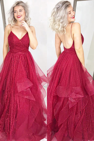 Sparkly A Line V Neck Backless Burgundy Long Prom Dresses, Burgundy Formal Dresses, Evening Dresses 2019