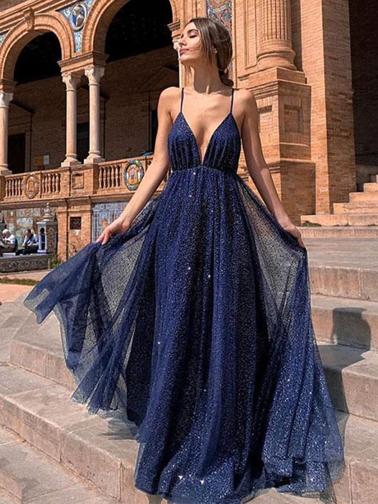 Sparkly A Line V Neck Backless Sequins Navy Blue Prom Dresses