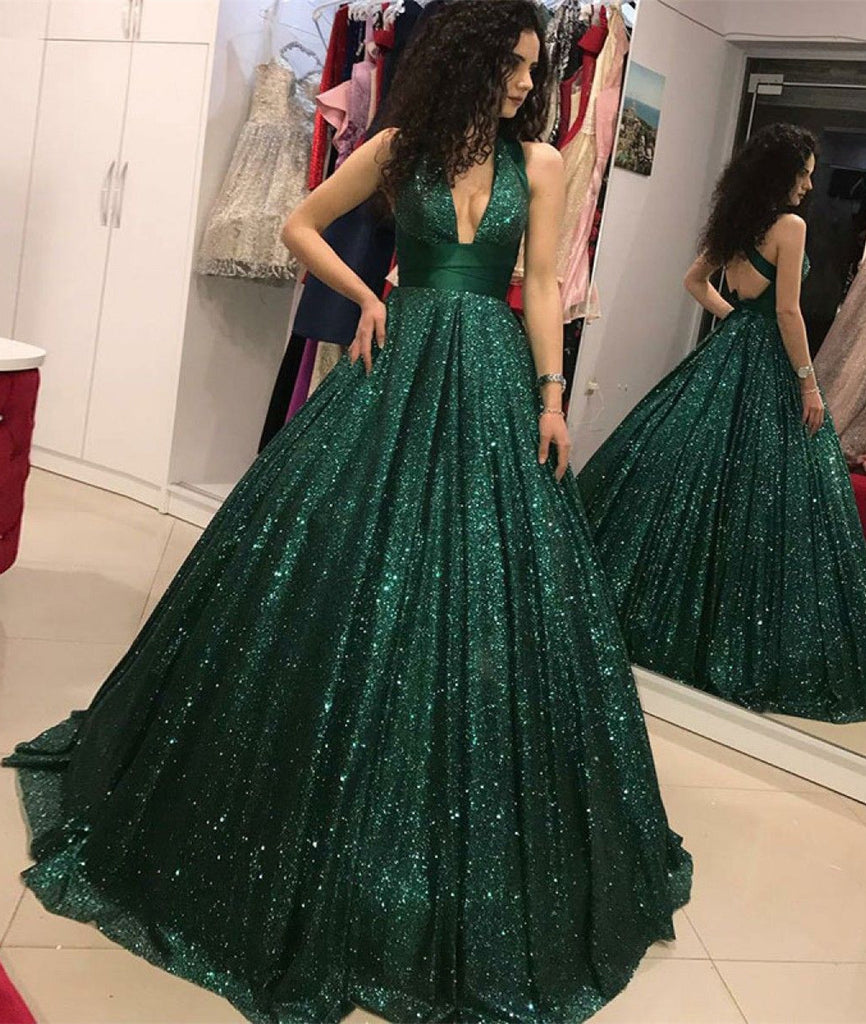 Sparkly A Line V Neck Open Back Dark Green Sequin Prom Dress Dark