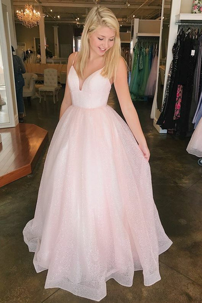 Sparkly A Line V Neck Pink Long Prom Dress, V Neck Pink Formal Graduation Evening Dress