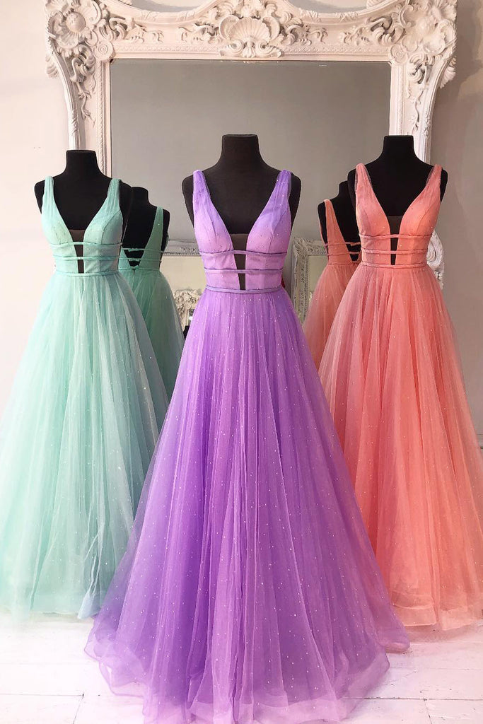 Sparkly A Line V Neck and V Back Mint Green/Lilac/Coral Prom Dresses w abcprom Sparkly A Line V Neck and V Back Mint Green/Lilac/Coral Prom Dresses w abcprom