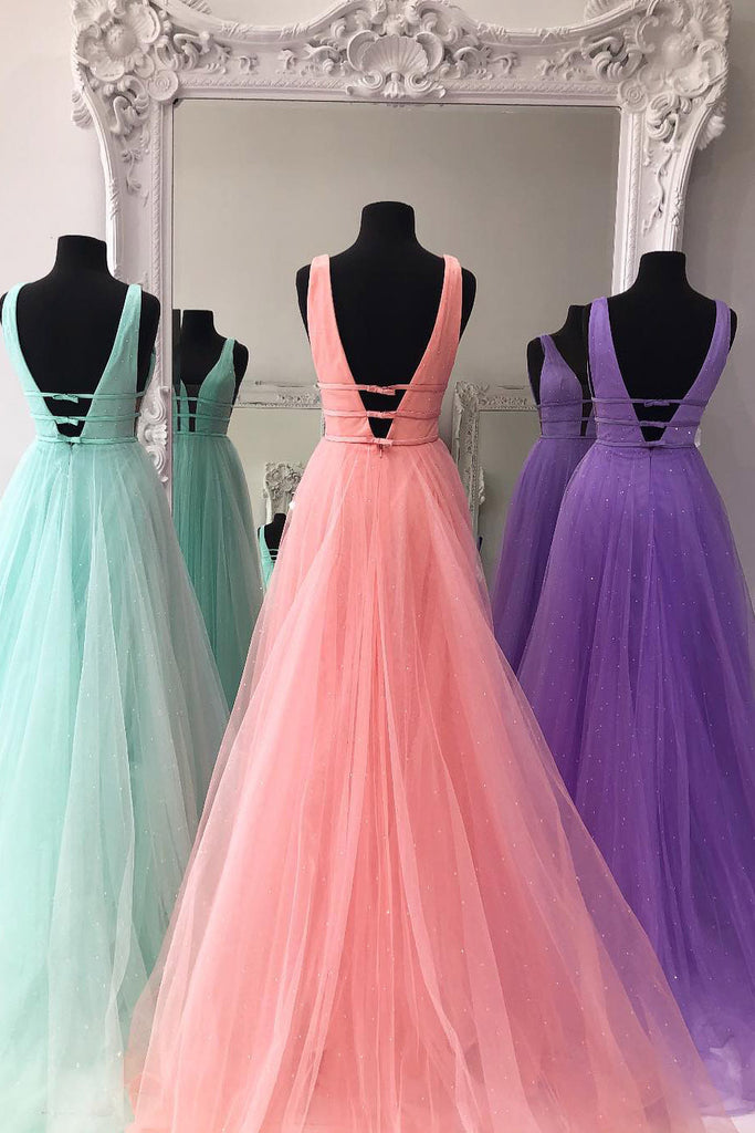 Sparkly A Line V Neck and V Back Mint Green/Lilac/Coral Prom Dresses w abcprom Sparkly A Line V Neck and V Back Mint Green/Lilac/Coral Prom Dresses w abcprom