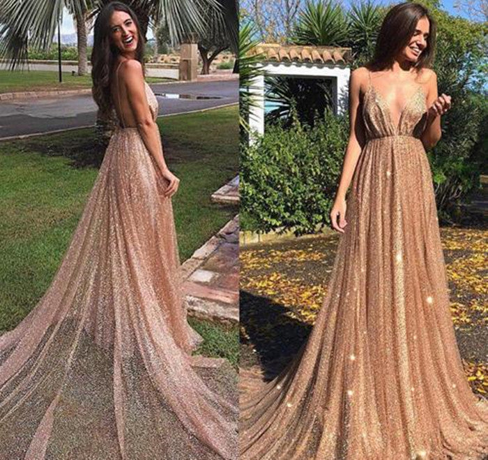 Sparkly V Neck Spaghetti Straps Backless Long Prom Dresses, Backless F   abcprom