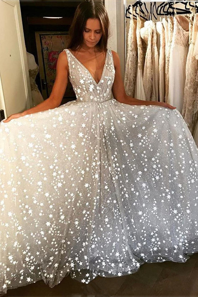 Sparkly V Neck Star Lace White Long Prom Dresses, Lace White Wedding Dresses, White Formal Dresses, Evening Dresses
